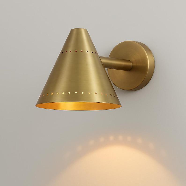 Mid Century Raw Brass Cone Wall Sconce - Italian Style Vanity Light