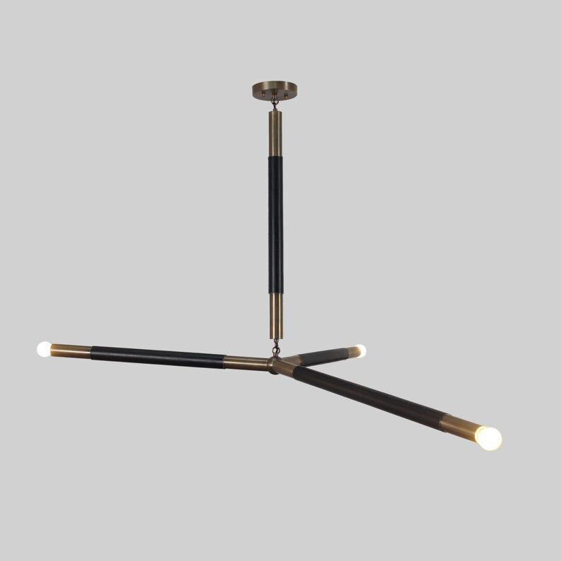 Mid Century Modern Sputnik Chandelier - Raw Brass & Leather 3-Arm Light