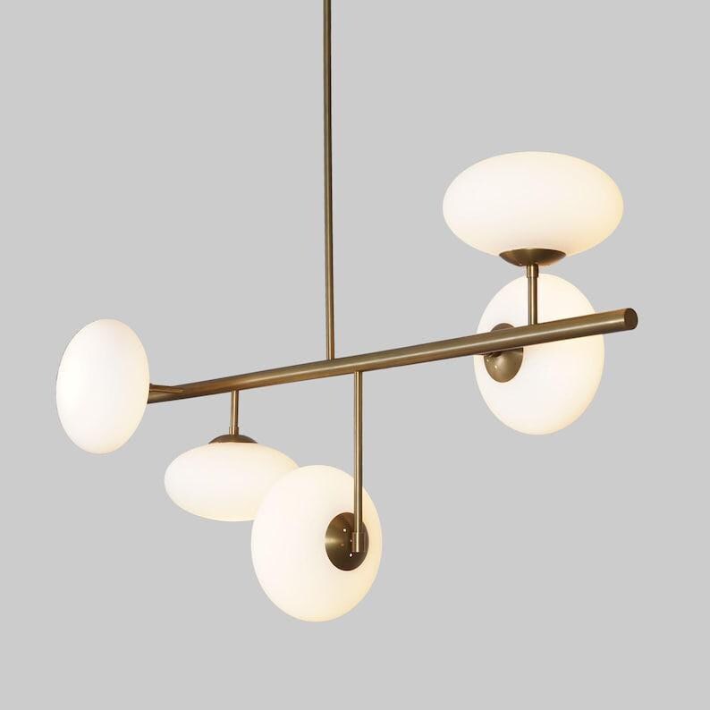Mid Century Sputnik Chandelier: Five Glass Globe, Raw Brass Light