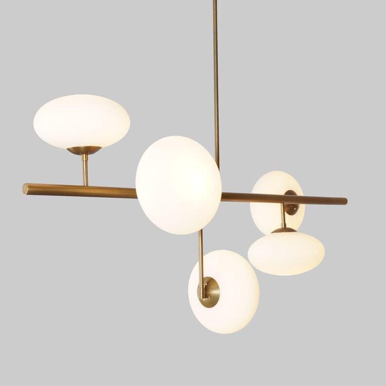 Mid Century Sputnik Chandelier: Five Glass Globe, Raw Brass Light