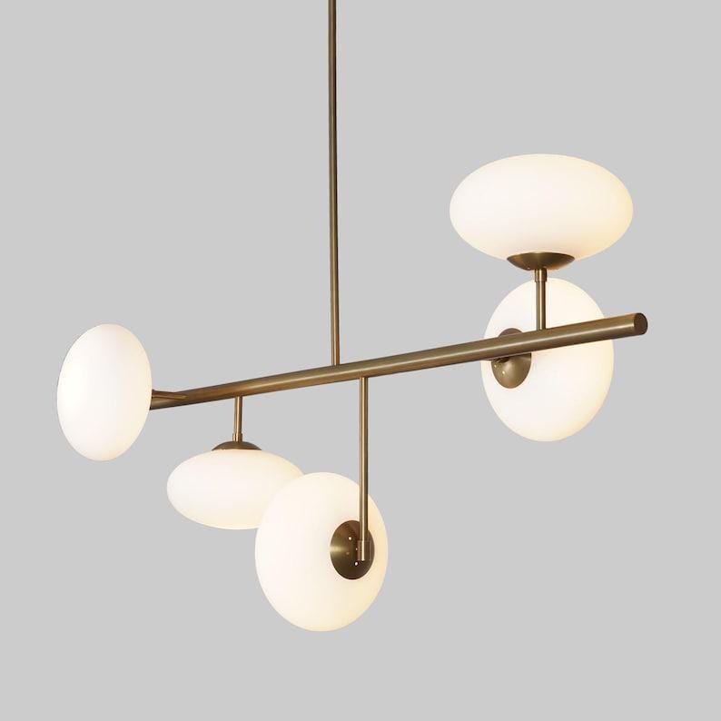 Mid Century Sputnik Chandelier: Five Glass Globe, Raw Brass Light