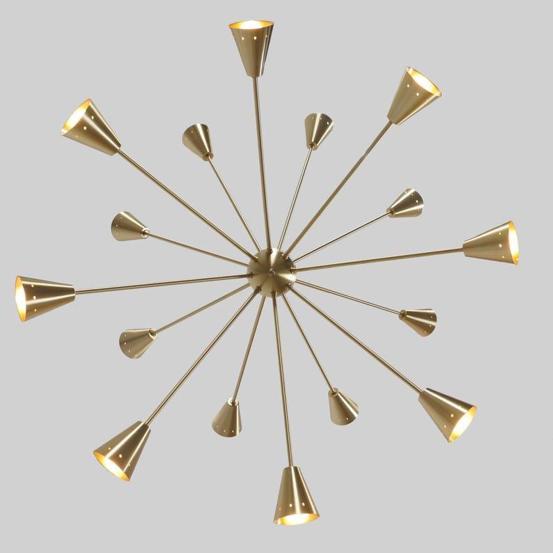 Mid Century Brass Sputnik Chandelier, Sixteen-Arm Starburst Pendant Lamp