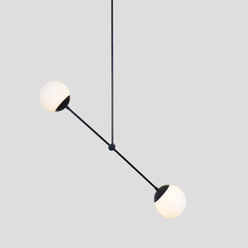 Sputnik Brass Linear Chandelier: Two-Globe Mid Century Pendant Light