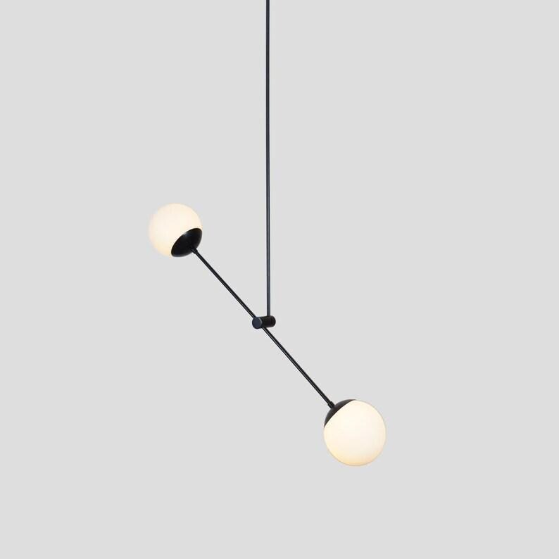 Sputnik Brass Linear Chandelier: Two-Globe Mid Century Pendant Light