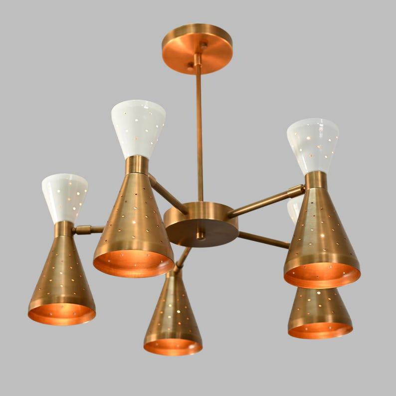 Sputnik Chandelier, Raw Brass Finish, Colored Shade, Stilnovo Style
