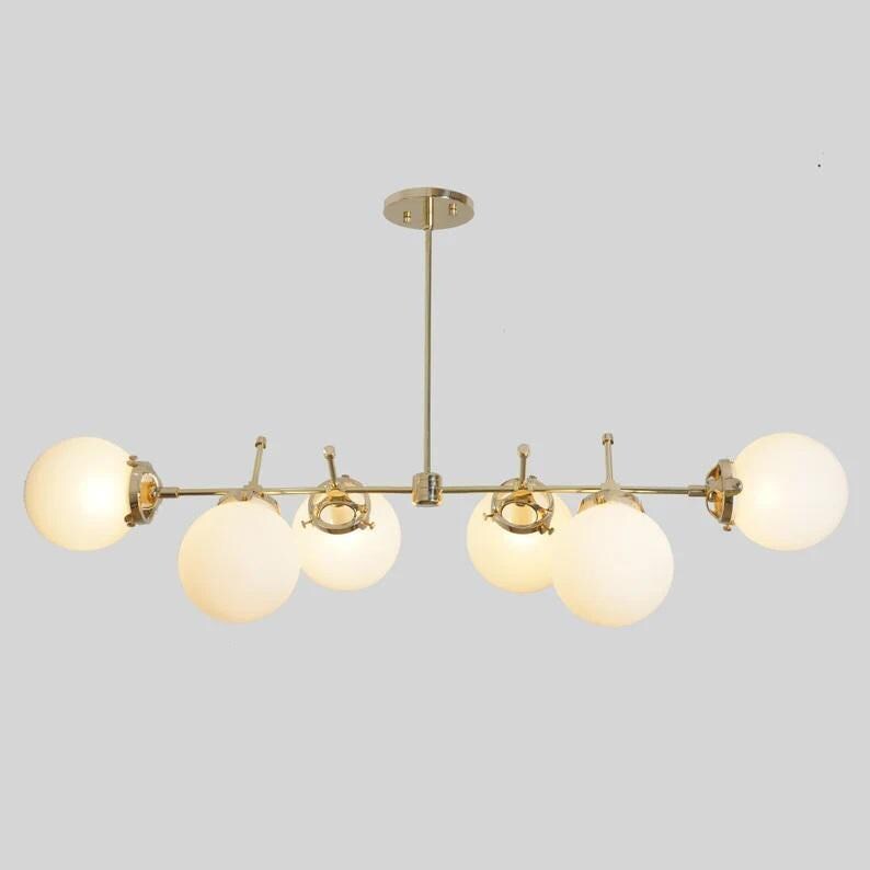 Sputnik Chandelier: Stilnovo Style, Six Glass Globes, Brass Pendant Light