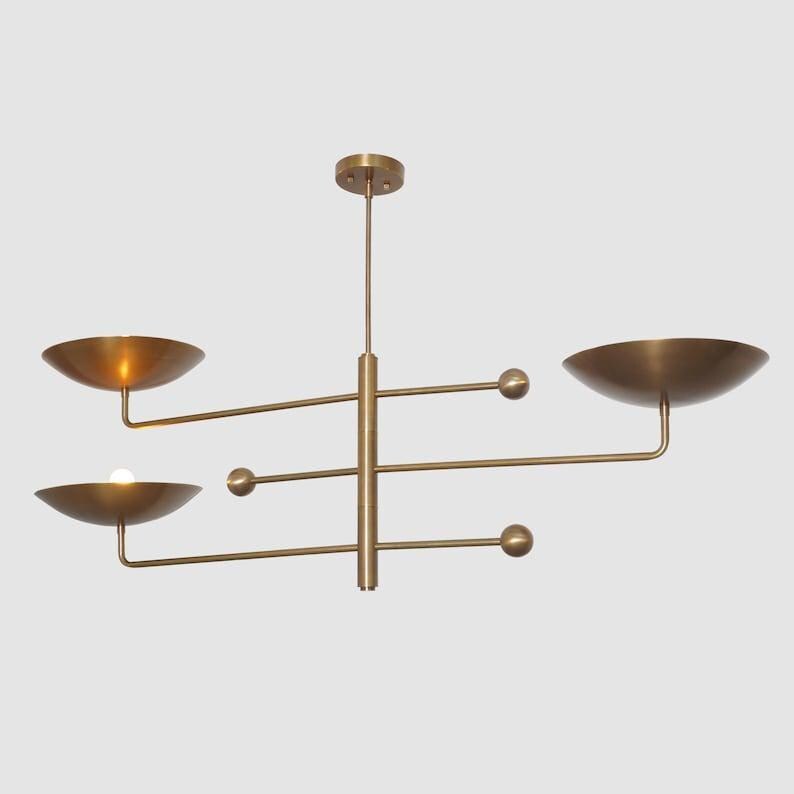 Raw Brass Sputnik Chandelier - Mid Century Modern 3-Shade Pendant Light