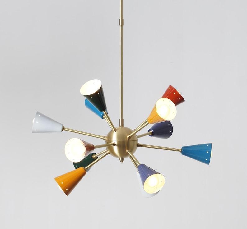 Starburst Sputnik Chandelier: Brushed Brass with Multicolor Shades