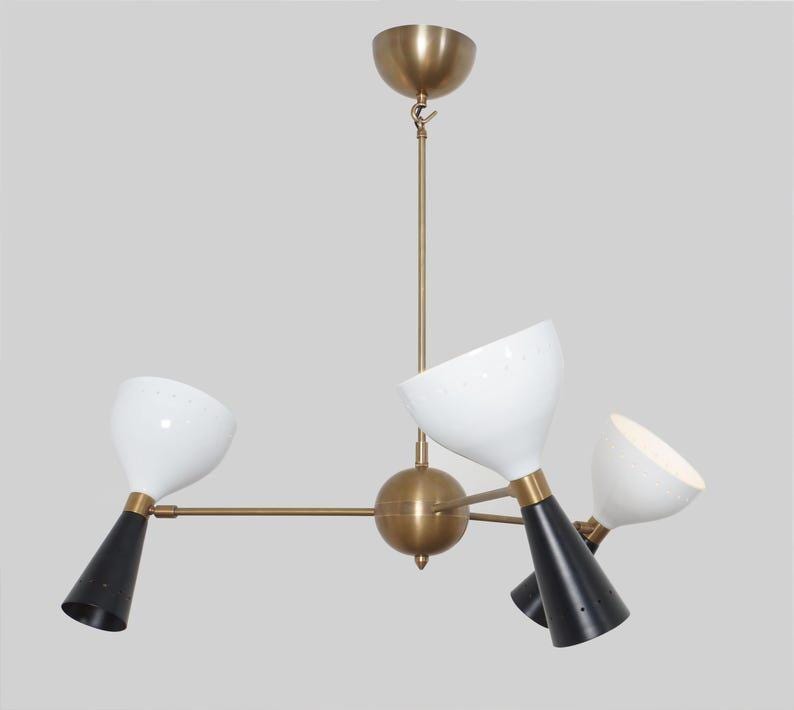 Sputnik Chandelier Stilnovo Style Three Arm 6 Lights Brass Modern Raw Brass Light Fixture