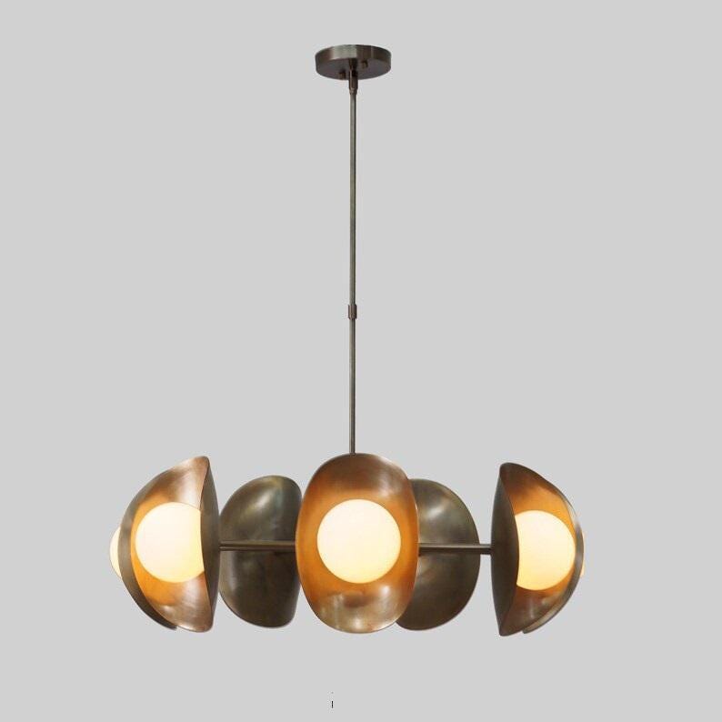 Raw Brass Sputnik Chandelier, Seven Globe Mid Century Modern Fixture