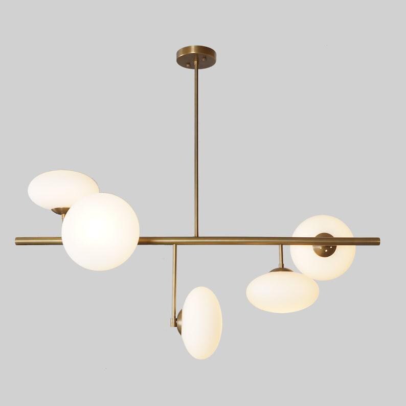 Mid Century Sputnik Chandelier: Five Glass Globe, Raw Brass Light