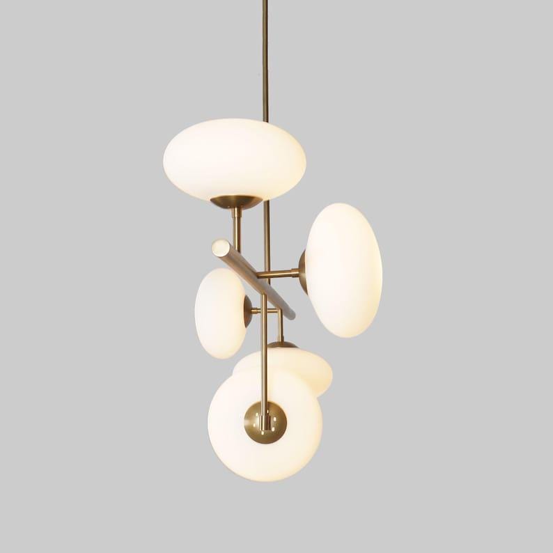 Mid Century Sputnik Chandelier: Five Glass Globe, Raw Brass Light