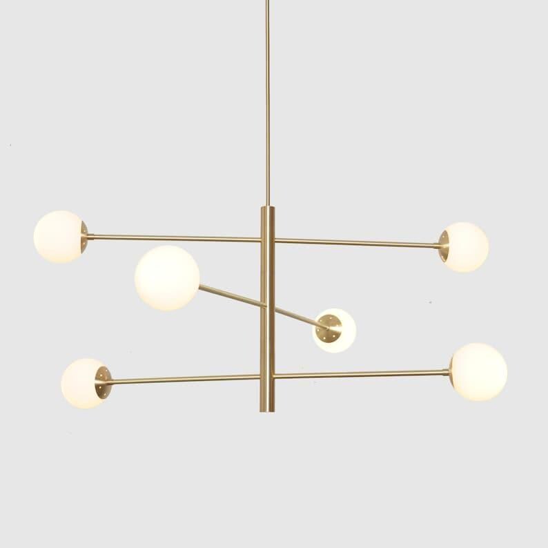 Brass Sputnik Chandelier, Mid Century Modern Six-Globe Ceiling Light