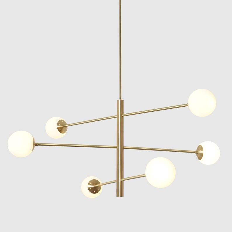Brass Sputnik Chandelier, Mid Century Modern Six-Globe Ceiling Light