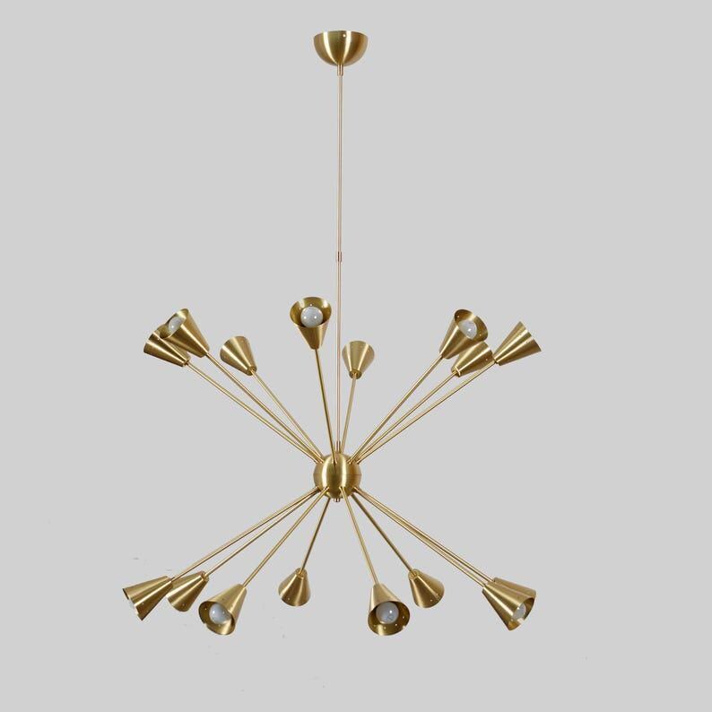 Mid Century Brass Sputnik Chandelier, Sixteen-Arm Starburst Pendant Lamp