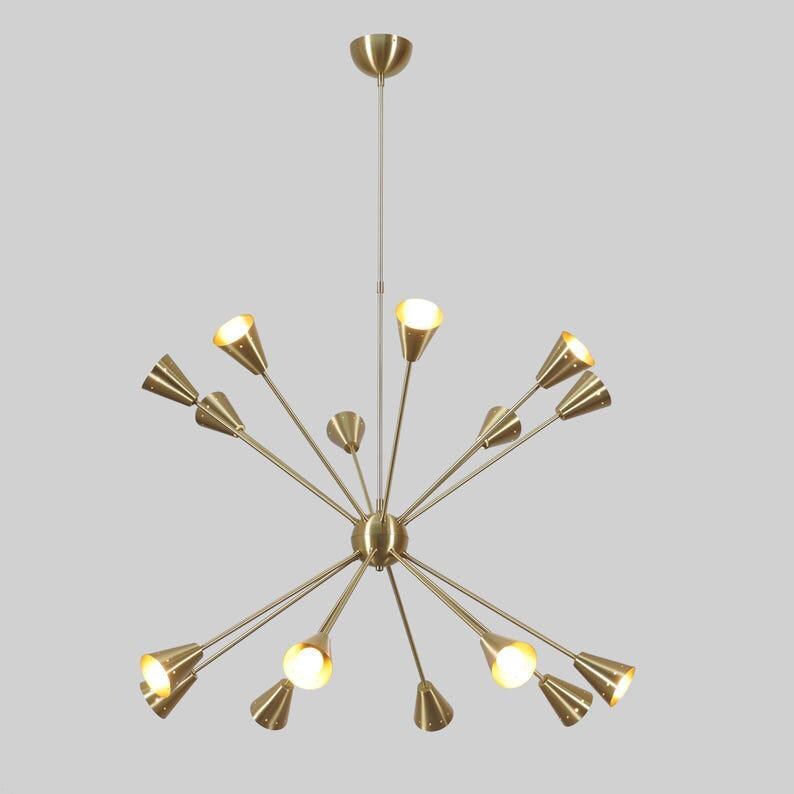 Mid Century Brass Sputnik Chandelier, Sixteen-Arm Starburst Pendant Lamp