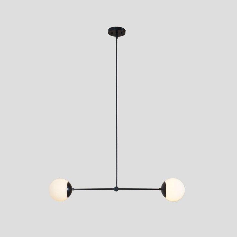 Sputnik Brass Linear Chandelier: Two-Globe Mid Century Pendant Light