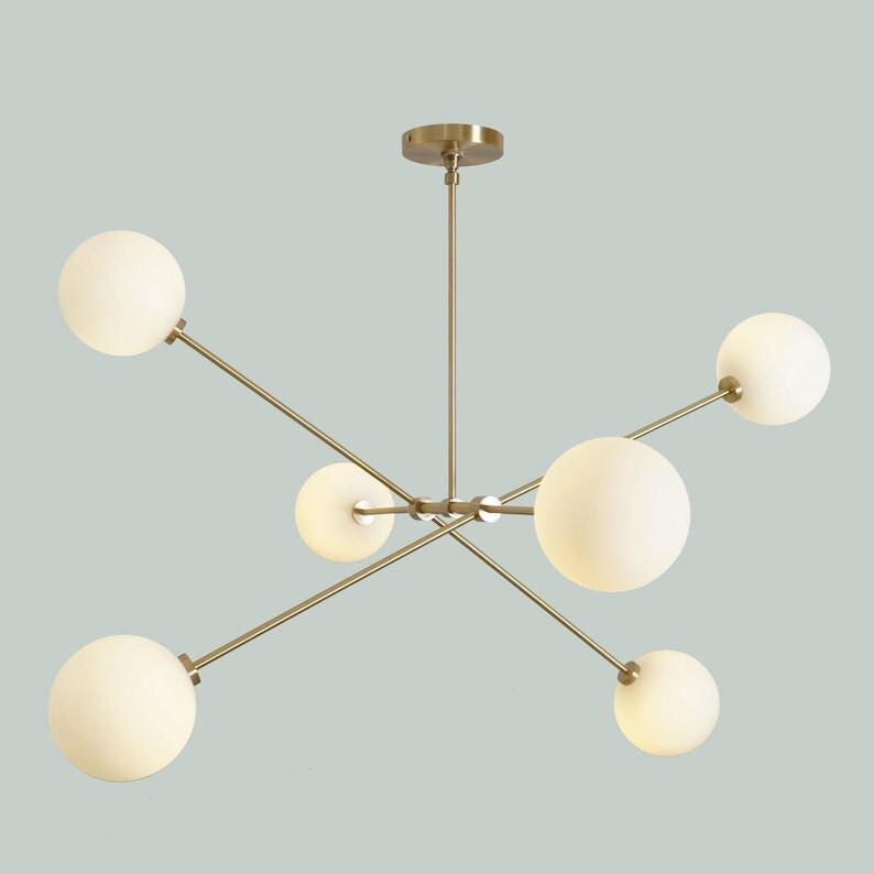 Mid Century Sputnik Chandelier: Six-Globe Brass Pendant Light