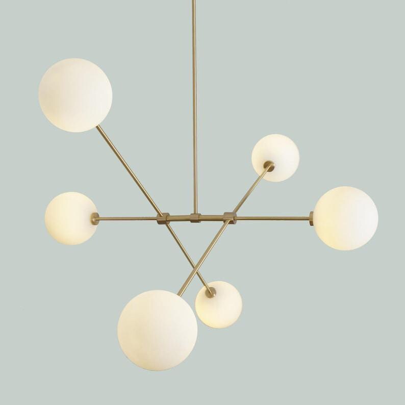 Mid Century Sputnik Chandelier: Six-Globe Brass Pendant Light