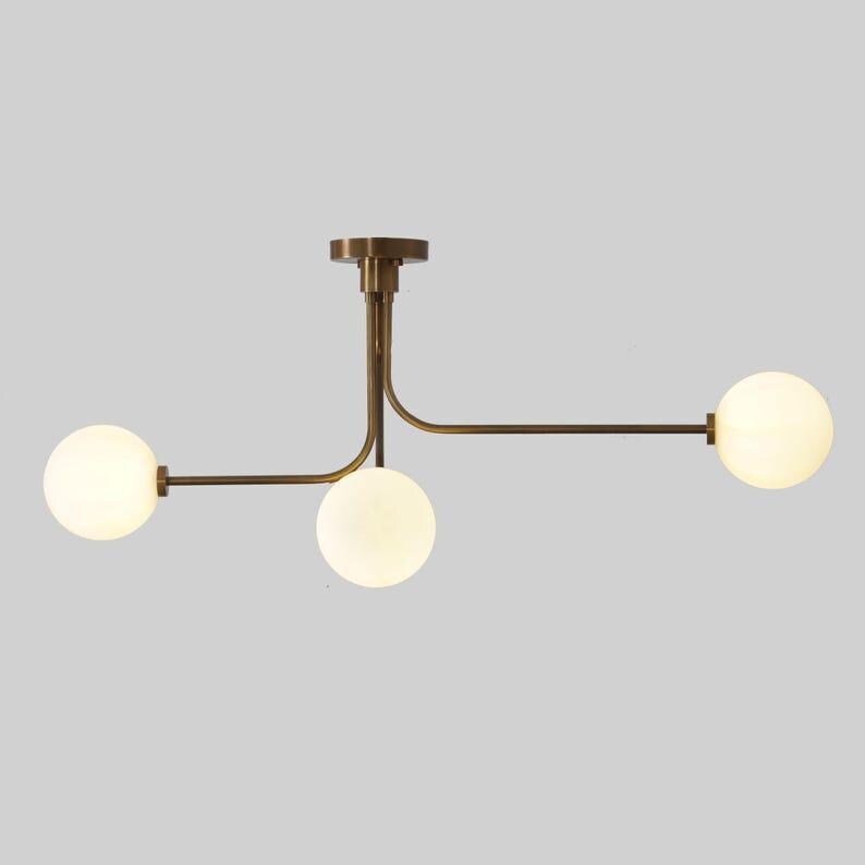 Brass Sputnik Chandelier with Milky Globes, Mid-Century Modern Ceiling Light
