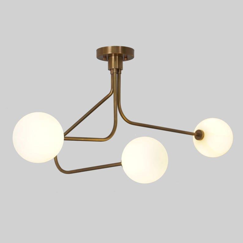 Brass Sputnik Chandelier with Milky Globes, Mid-Century Modern Ceiling Light