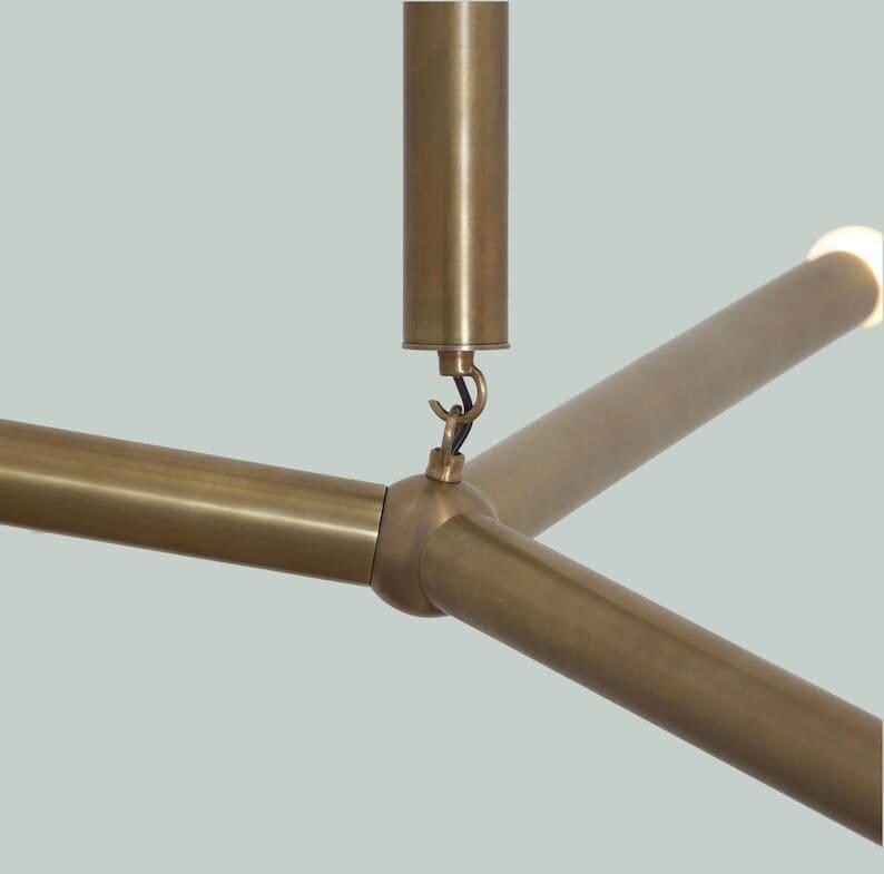 Raw Brass Sputnik Chandelier, Mid Century Modern Three Arm Ceiling Light