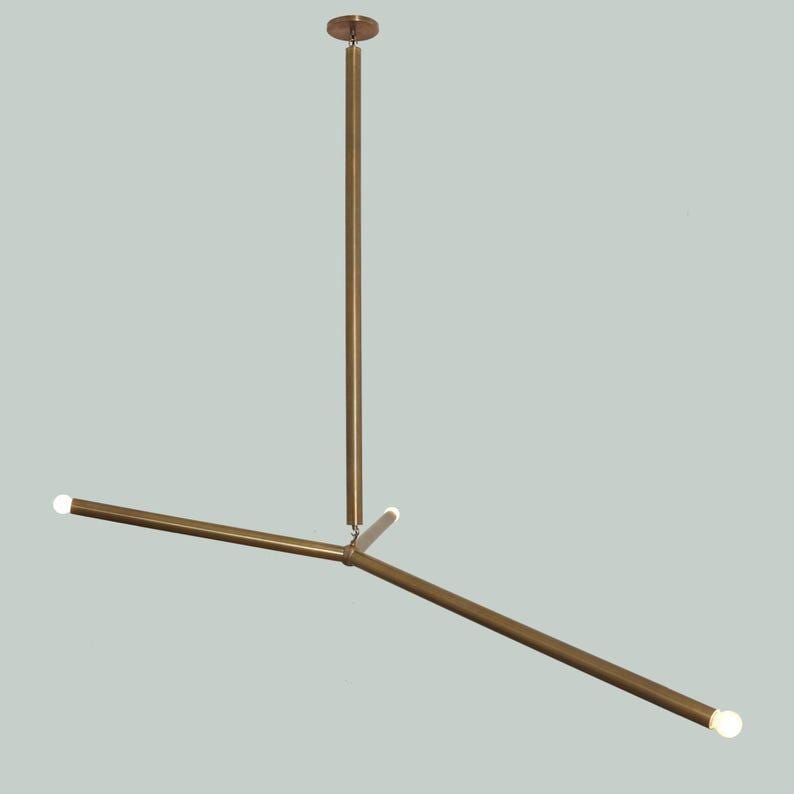 Raw Brass Sputnik Chandelier, Mid Century Modern Three Arm Ceiling Light