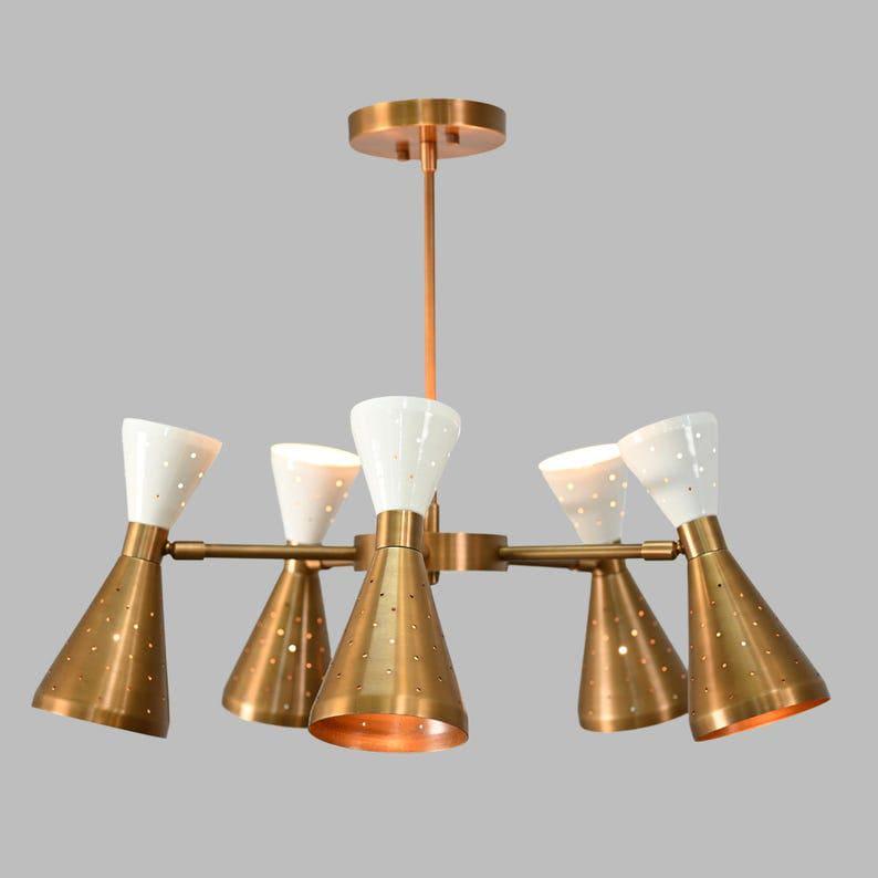 Sputnik Chandelier, Raw Brass Finish, Colored Shade, Stilnovo Style