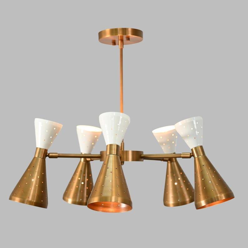 Sputnik Chandelier, Raw Brass Finish, Colored Shade, Stilnovo Style