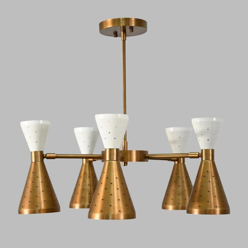 Sputnik Chandelier, Raw Brass Finish, Colored Shade, Stilnovo Style
