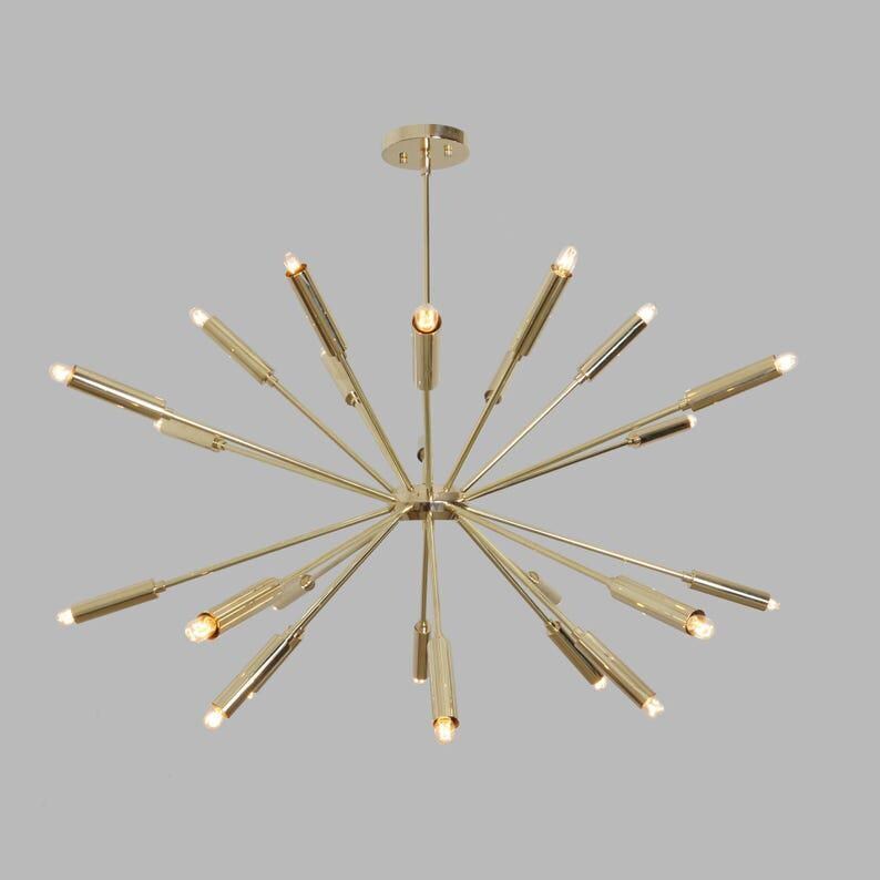 Brass Sputnik Chandelier, 24-Arm Starburst Light Fixture, Mid Century Modern