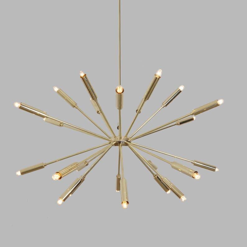 Brass Sputnik Chandelier, 24-Arm Starburst Light Fixture, Mid Century Modern