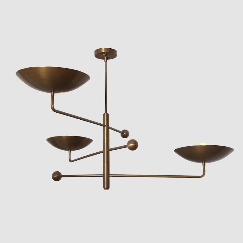 Raw Brass Sputnik Chandelier - Mid Century Modern 3-Shade Pendant Light