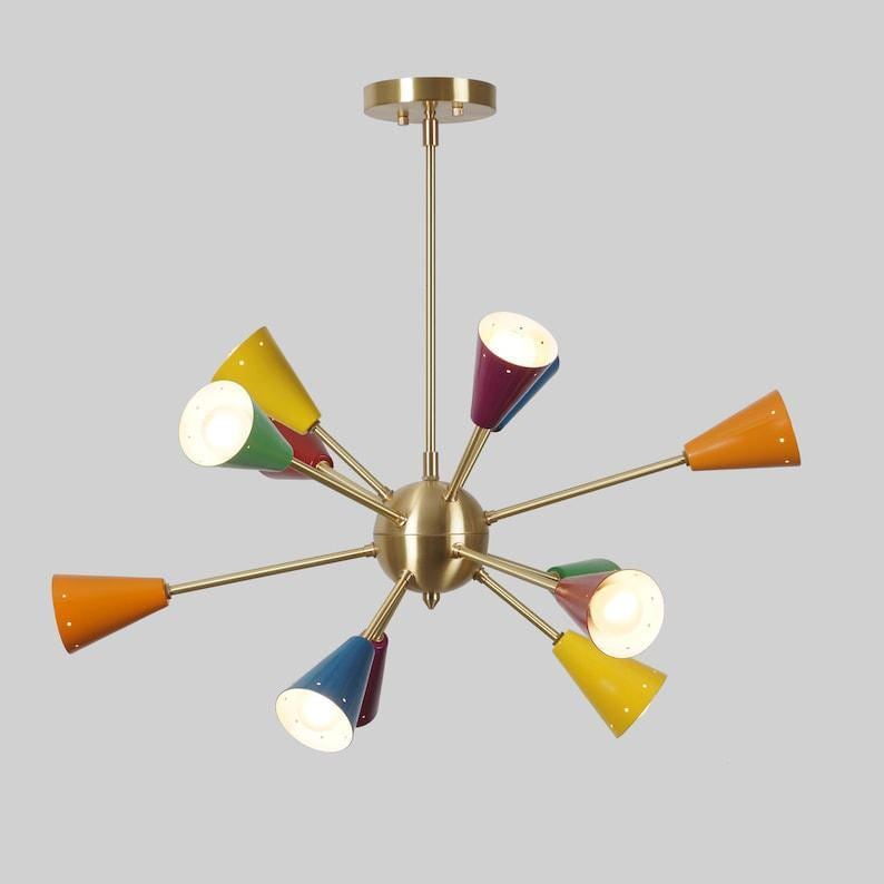 Starburst Sputnik Chandelier: Brushed Brass with Multicolor Shades