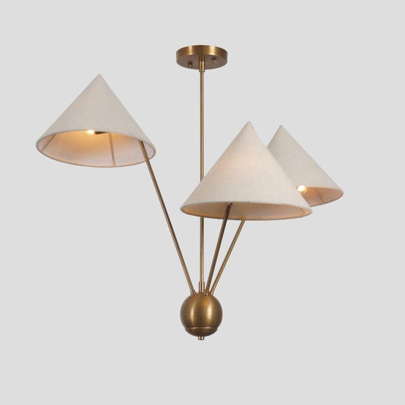 Linen Shade Sputnik Chandelier - Italian Mid Century Modern Brass Light