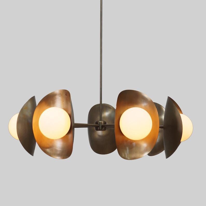 Raw Brass Sputnik Chandelier, Seven Globe Mid Century Modern Fixture