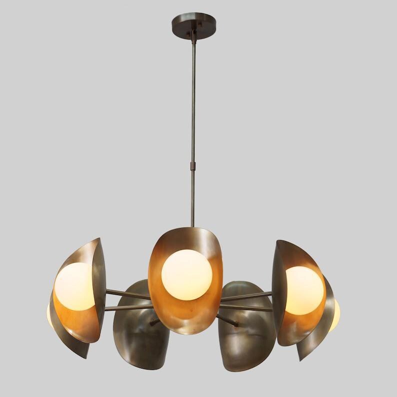 Raw Brass Sputnik Chandelier, Seven Globe Mid Century Modern Fixture