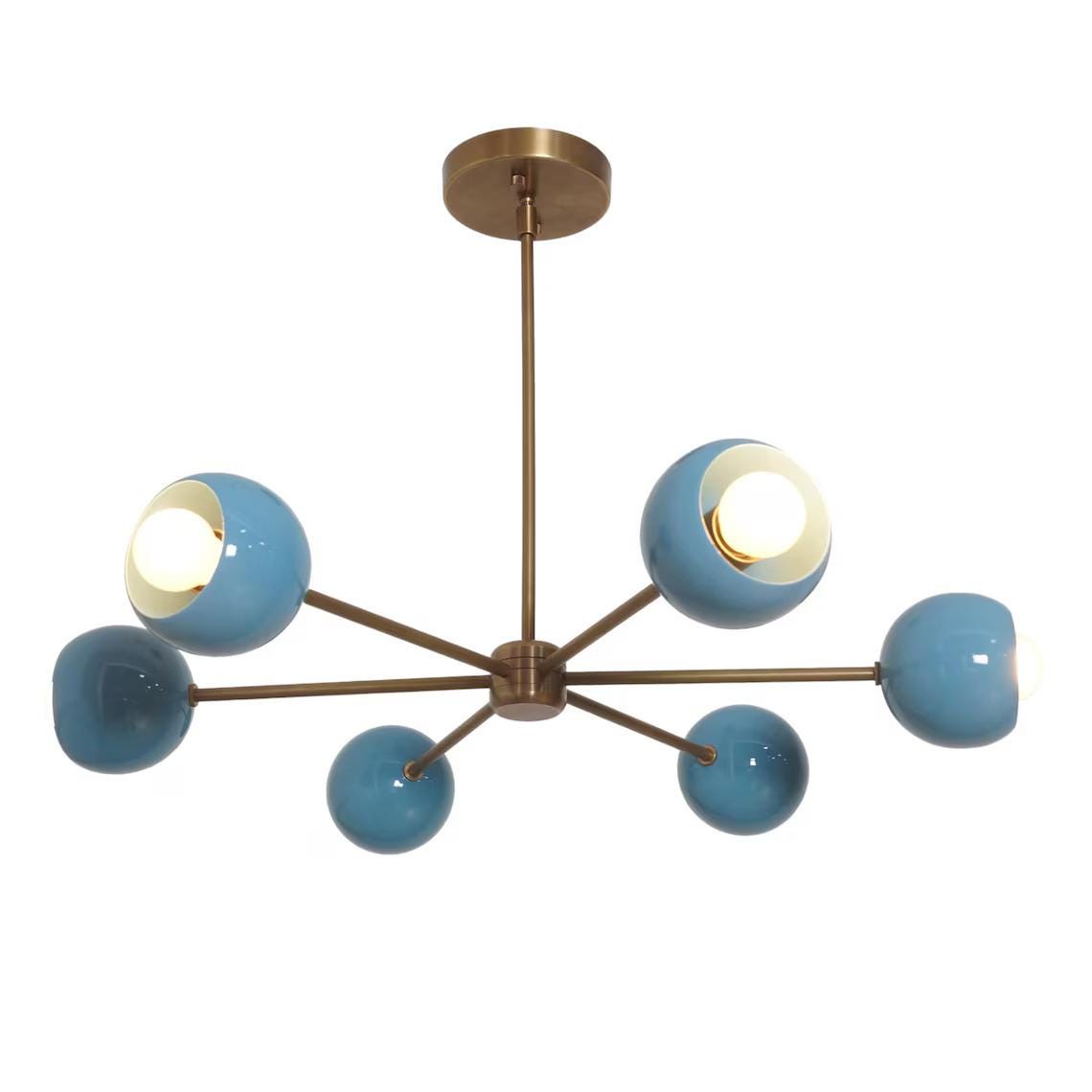 Six Arm Linen Shade Brass Chandelier Sputnik Light Fixture
