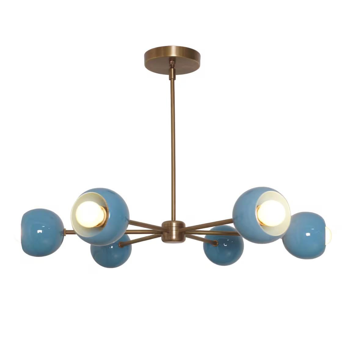 Six Arm Linen Shade Brass Chandelier Sputnik Light Fixture