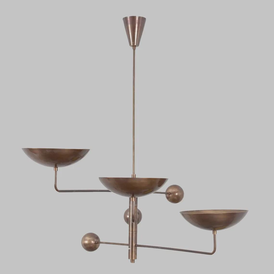 3 Light Disk Shade Pendant Mid Century Modern Patina Brass Sputnik chandelier light Fixture