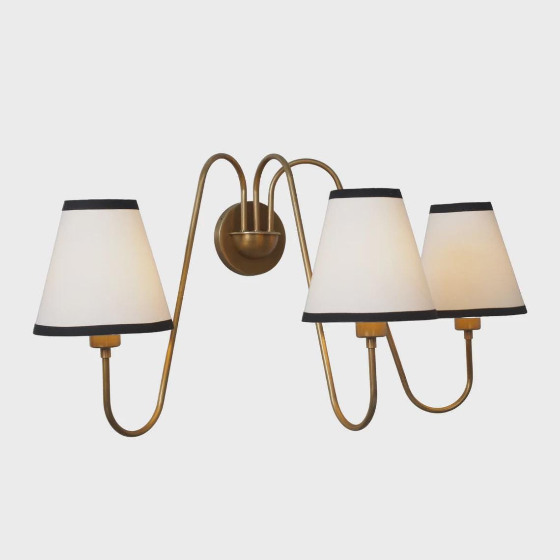 3-Light Linen Shade Raw Brass Wall Sconce with Black Fabric Shades Wall Lamp