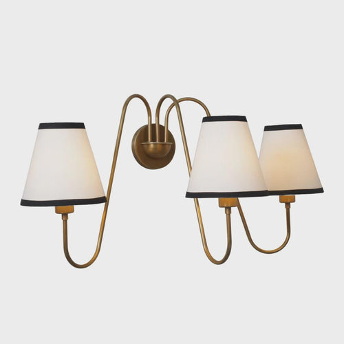 3-Light Linen Shade Raw Brass Wall Sconce with Black Fabric Shades Wall Lamp
