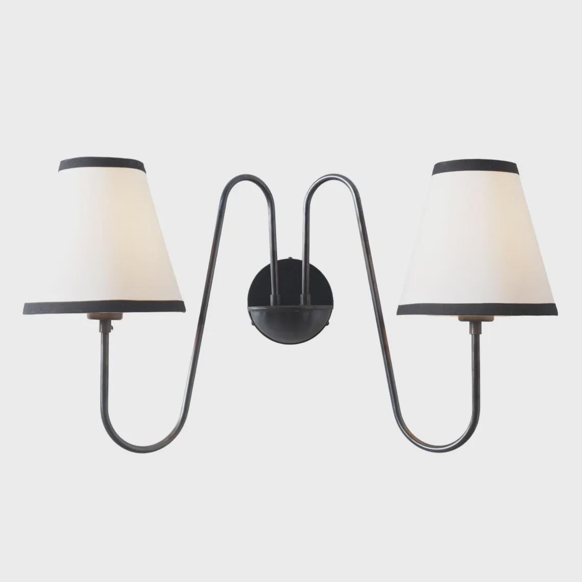2-Light Linen Shade Raw Brass Wall Sconce with Black Fabric Shades Lamp