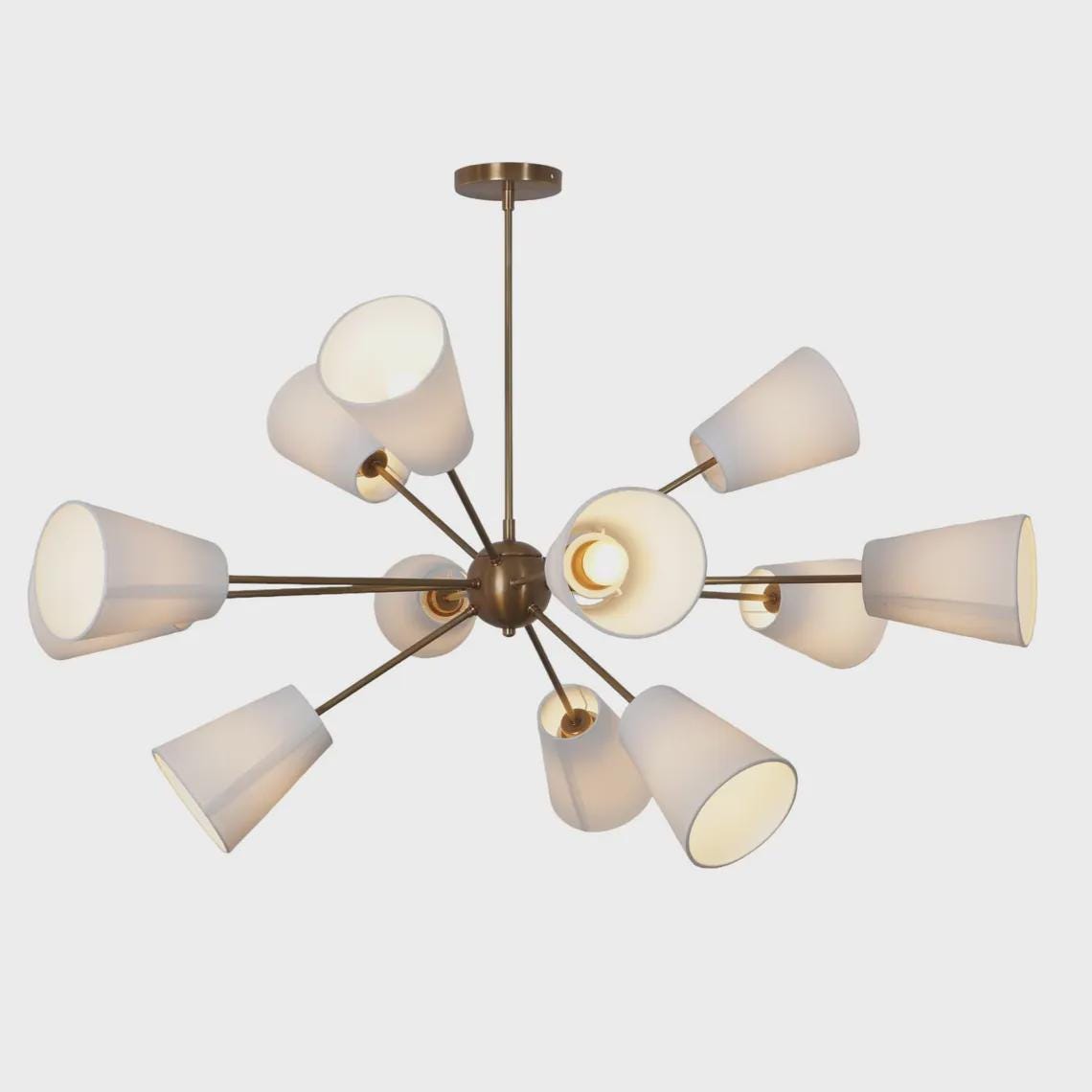 Brass Twelve Light Linen Shade Sputnik Starburst Ceiling Chandelier