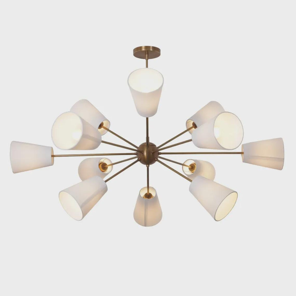 Brass Twelve Light Linen Shade Sputnik Starburst Ceiling Chandelier
