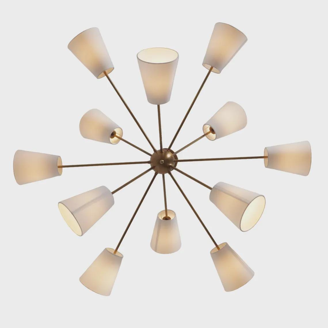 Brass Twelve Light Linen Shade Sputnik Starburst Ceiling Chandelier