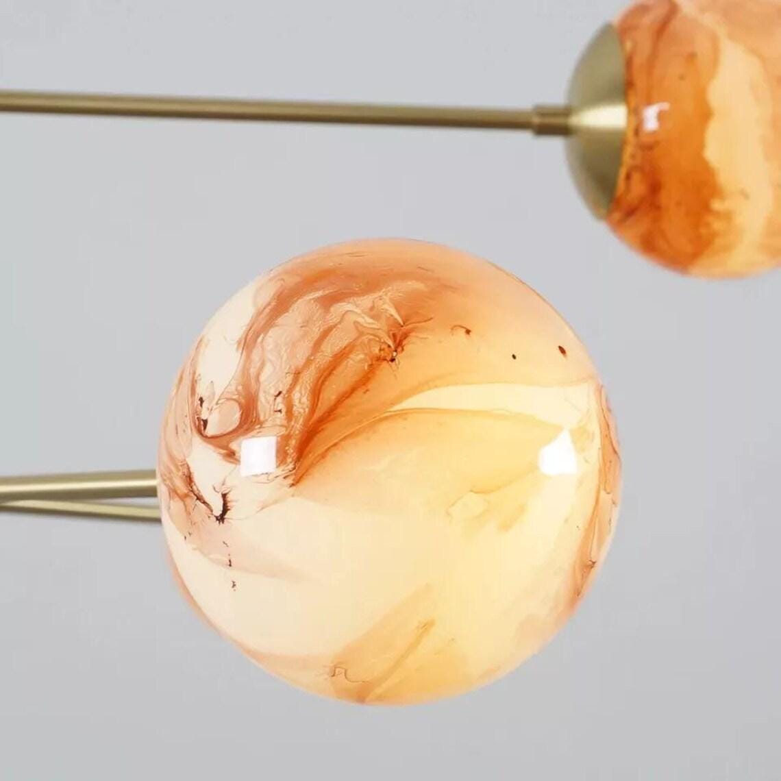 Mid-Century Sputnik Chandelier: Brushed Brass, 6 Glass Globes