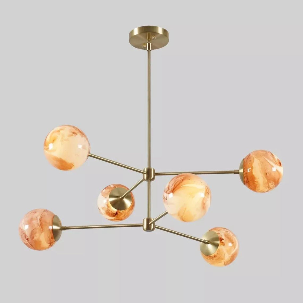 Mid-Century Sputnik Chandelier: Brushed Brass, 6 Glass Globes