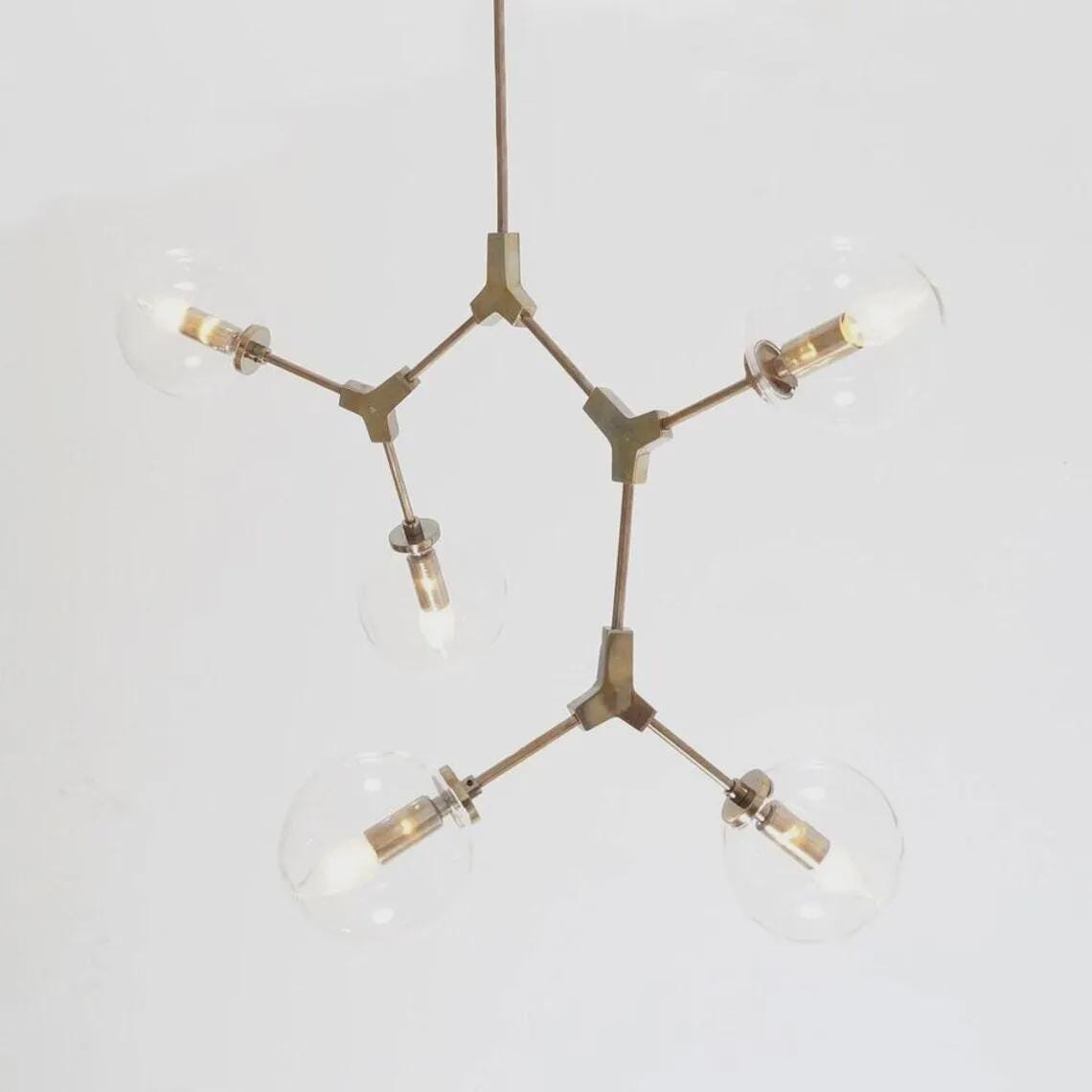 Mid Century Modern Sputnik Chandelier, Raw Brass & Glass