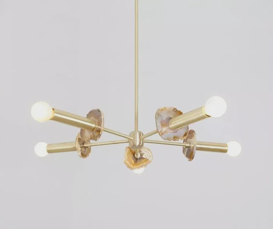 Agate Stone Sputnik Chandelier, Brushed Brass Semi Flush Mount